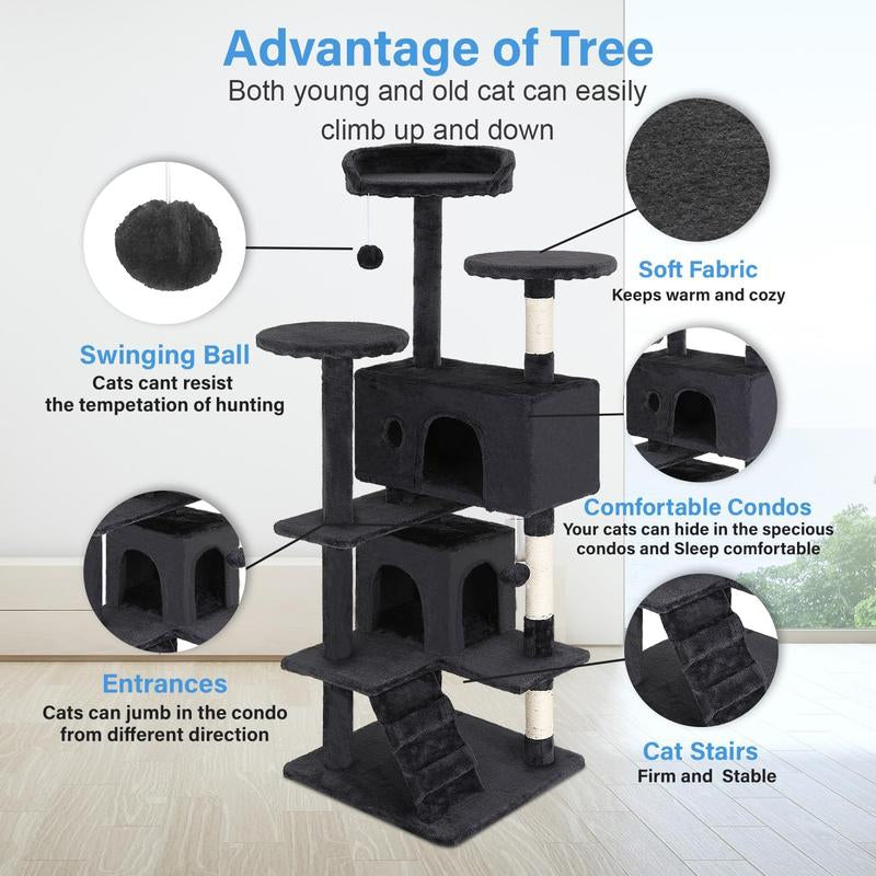 Cat Tree 54In Cat Tower Multi-Level Durable Cat Scratching Post & Cozy Fun Cat Jumping Platform Space Saving Cat Condo Pet Play House for Indoor Cats,Dark Gray